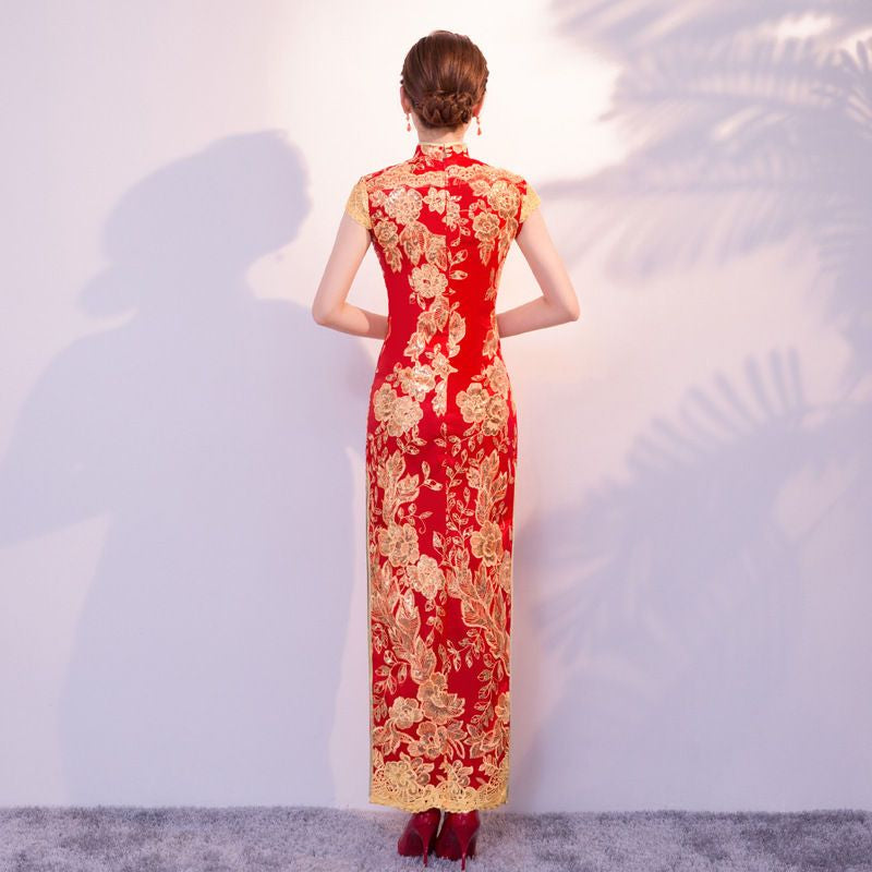 Sequined Cap-Sleeve Qipao