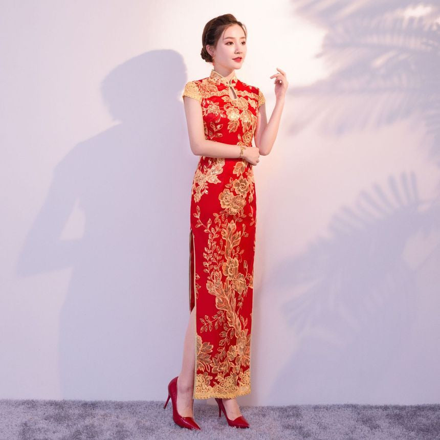 Sequined Cap-Sleeve Qipao