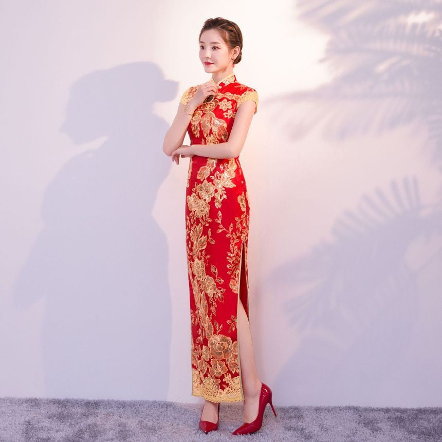 Sequined Cap-Sleeve Qipao