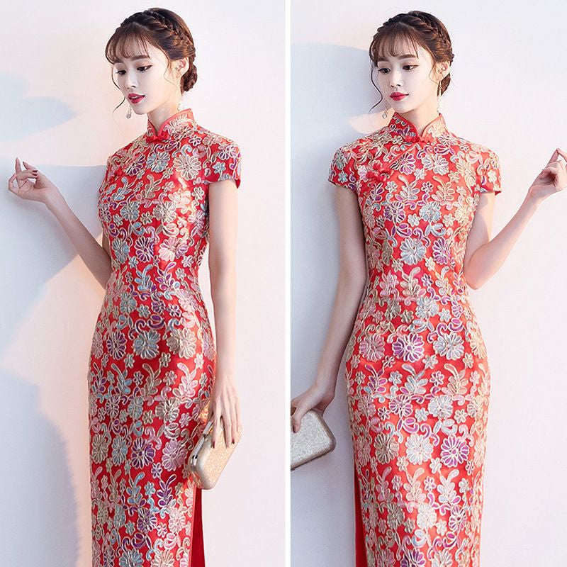 Short-Sleeve Flower Embroidered Qipao