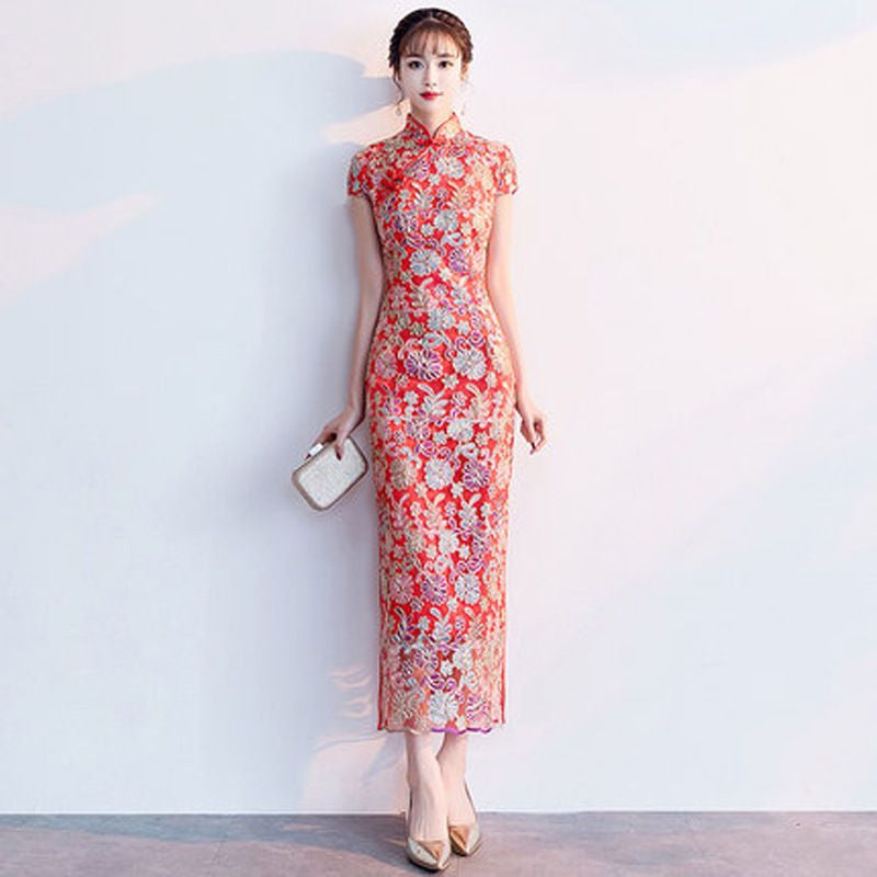 Short-Sleeve Flower Embroidered Qipao