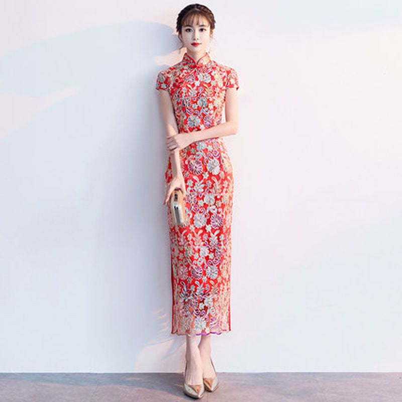 Short-Sleeve Flower Embroidered Qipao