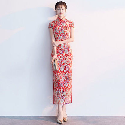 Short-Sleeve Flower Embroidered Qipao