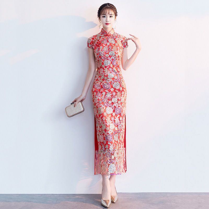 Short-Sleeve Flower Embroidered Qipao