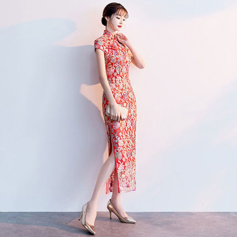 Short-Sleeve Flower Embroidered Qipao