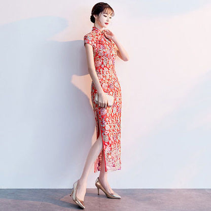 Short-Sleeve Flower Embroidered Qipao