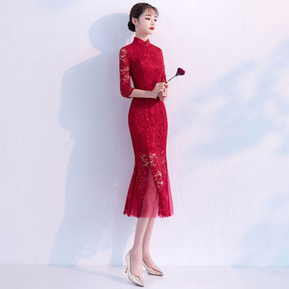 Lace Elbow-Sleeve Mermaid Qipao