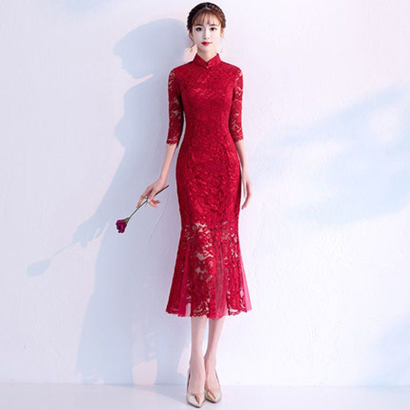 Lace Elbow-Sleeve Mermaid Qipao