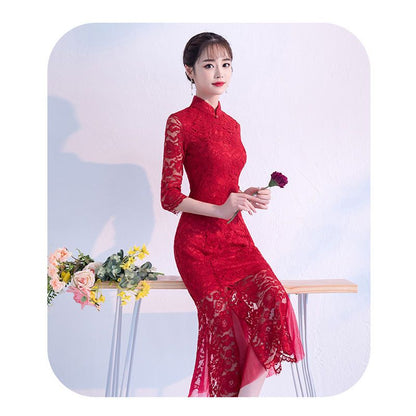 Lace Elbow-Sleeve Mermaid Qipao