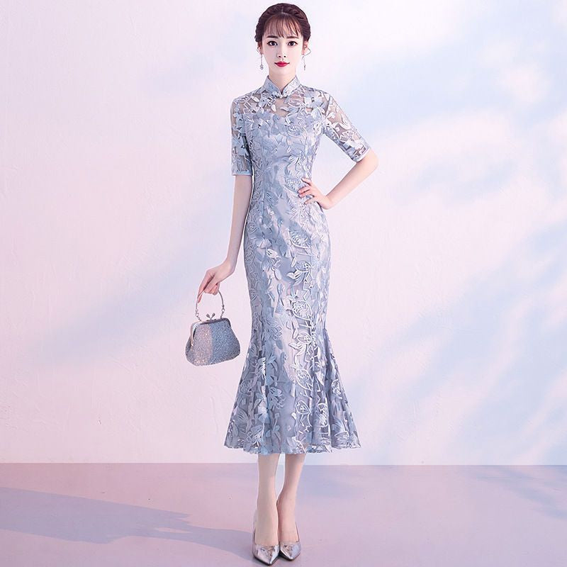 Short-Sleeve Embroidered Mermaid Qipao