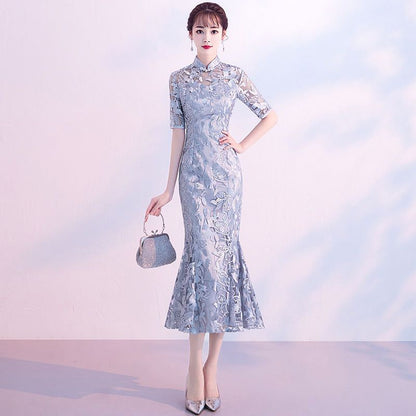 Short-Sleeve Embroidered Mermaid Qipao