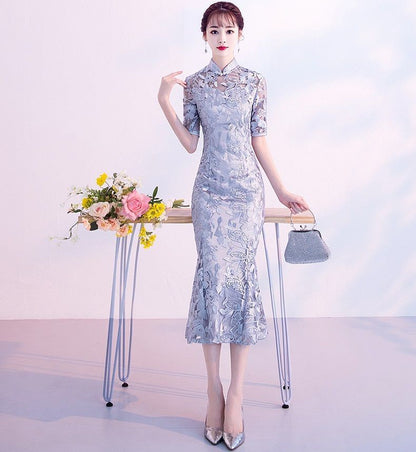 Short-Sleeve Embroidered Mermaid Qipao