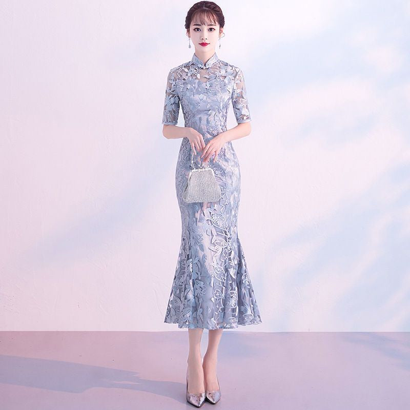 Short-Sleeve Embroidered Mermaid Qipao