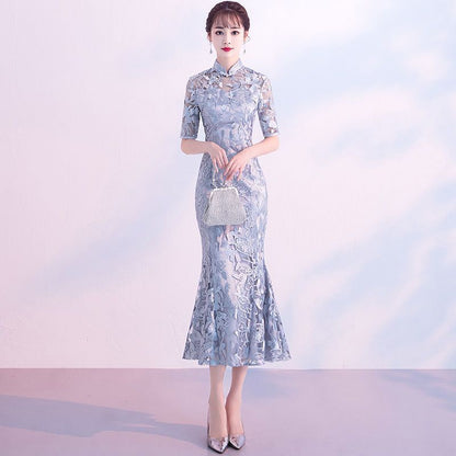 Short-Sleeve Embroidered Mermaid Qipao