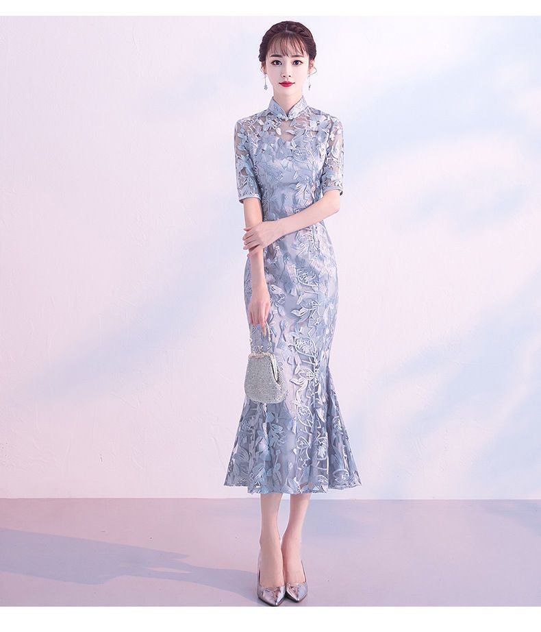 Short-Sleeve Embroidered Mermaid Qipao