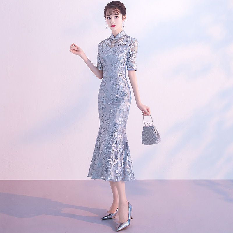 Short-Sleeve Embroidered Mermaid Qipao