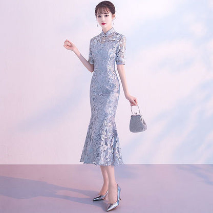 Short-Sleeve Embroidered Mermaid Qipao
