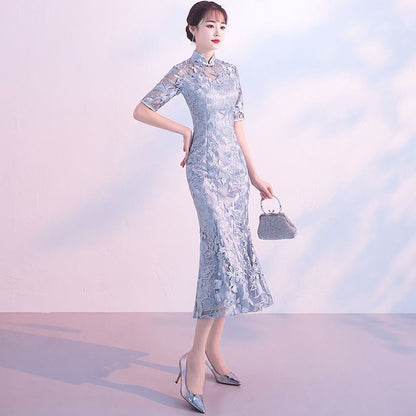 Short-Sleeve Embroidered Mermaid Qipao