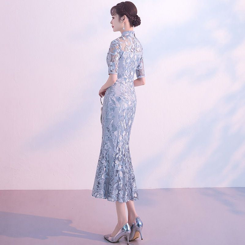 Short-Sleeve Embroidered Mermaid Qipao