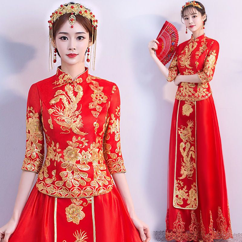 3/4-Sleeve Two-Piece Chinese Wedding Cheongsam