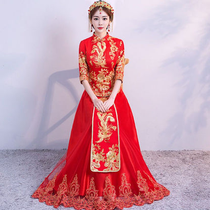 3/4-Sleeve Two-Piece Chinese Wedding Cheongsam