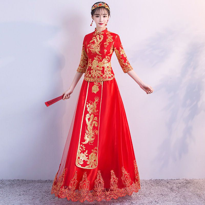 3/4-Sleeve Two-Piece Chinese Wedding Cheongsam