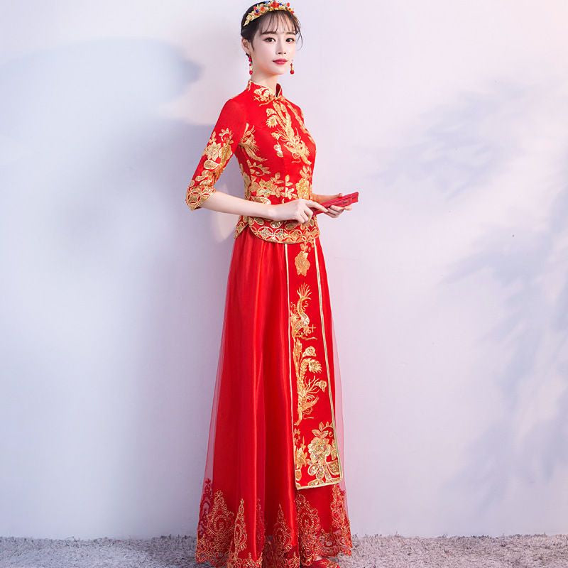 3/4-Sleeve Two-Piece Chinese Wedding Cheongsam