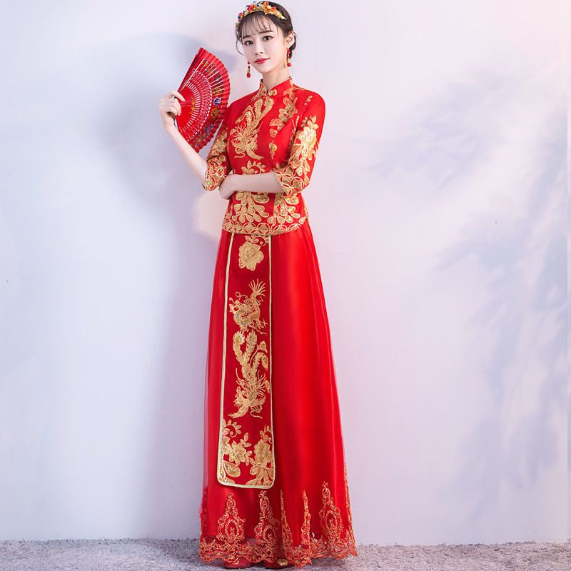 3/4-Sleeve Two-Piece Chinese Wedding Cheongsam