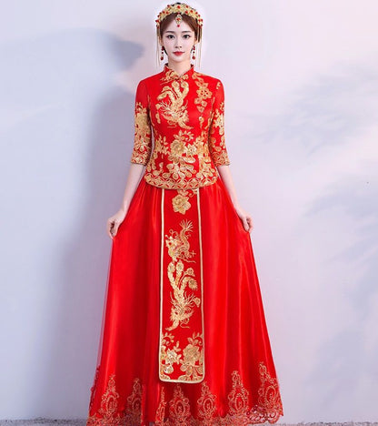 3/4-Sleeve Two-Piece Chinese Wedding Cheongsam