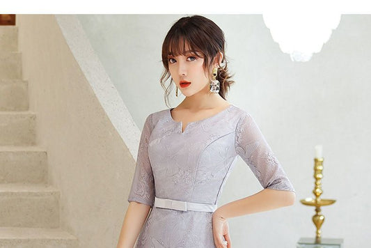 Elbow-Sleeve Lace A-line Cocktail Dress