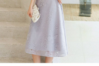 Elbow-Sleeve Lace A-line Cocktail Dress