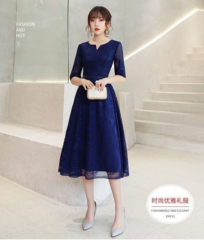 Elbow-Sleeve Lace A-line Cocktail Dress