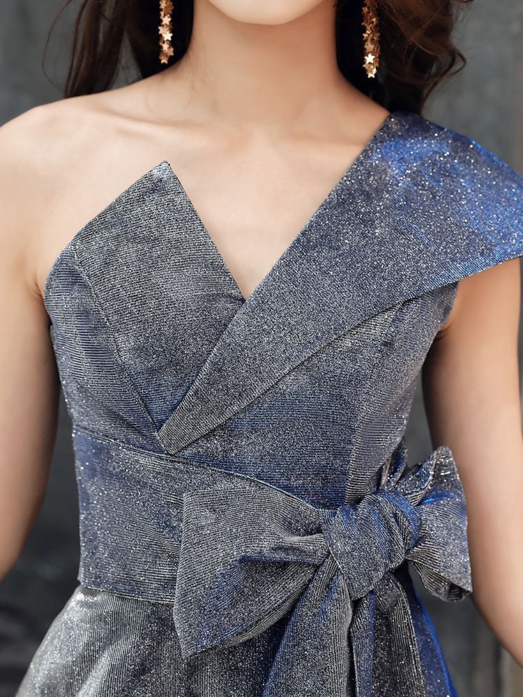 Single-Shoulder A-Line Midi Cocktail Dress / Evening Gown