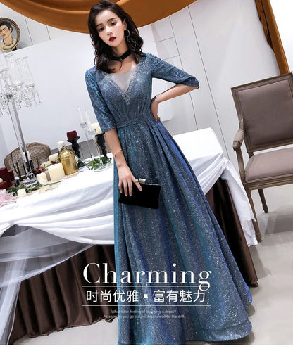 Elbow-Sleeve A-Line  Evening Gown