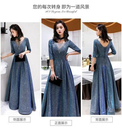 Elbow-Sleeve A-Line  Evening Gown