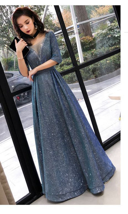 Elbow-Sleeve A-Line  Evening Gown
