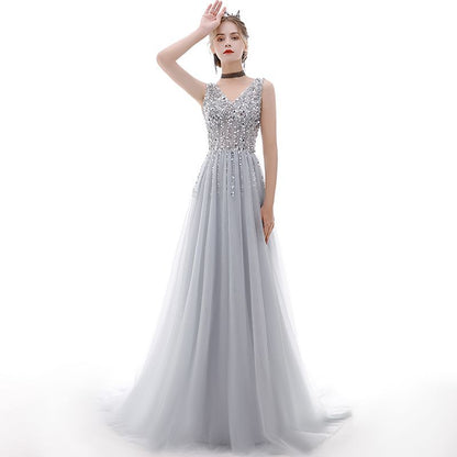 V-Neck Sleeveless Sequined Panel Mesh Evening Gown