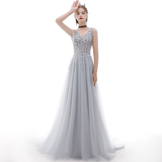 V-Neck Sleeveless Sequined Panel Mesh Evening Gown