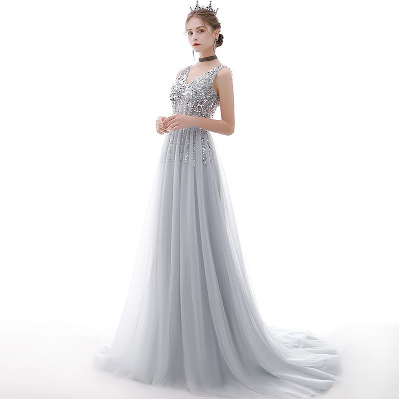 V-Neck Sleeveless Sequined Panel Mesh Evening Gown