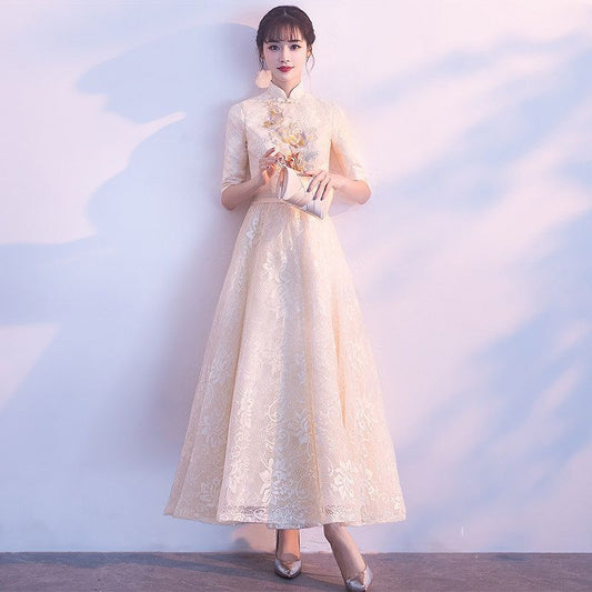 Lace Elbow-Sleeve A-Line Cocktail Dress / Evening Gown