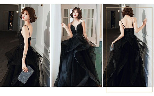 Spaghetti Strap Floral Applique Ruffled A-Line Evening Gown