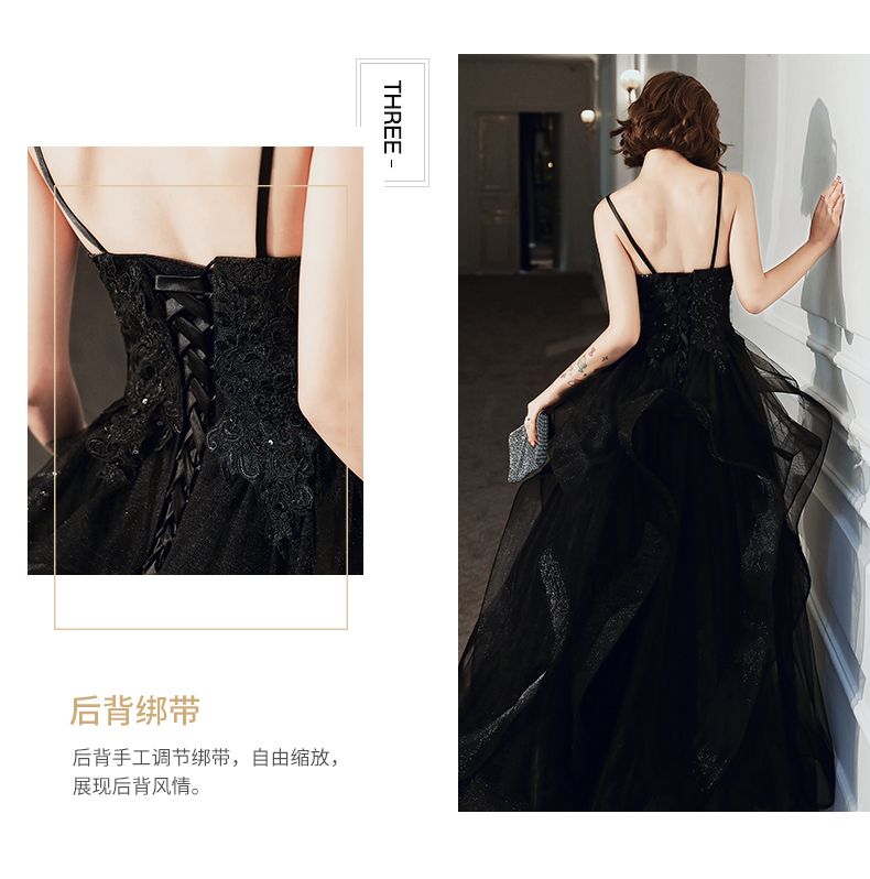 Spaghetti Strap Floral Applique Ruffled A-Line Evening Gown