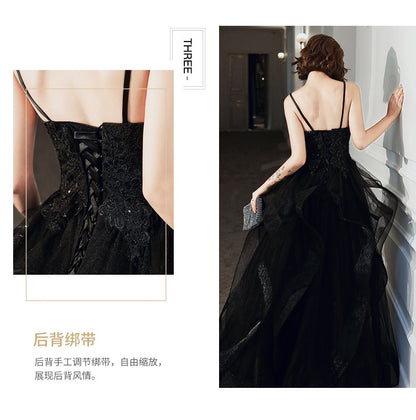 Spaghetti Strap Floral Applique Ruffled A-Line Evening Gown