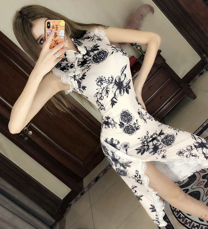 Sleeveless Floral Print Midi Qipao