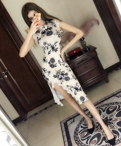 Sleeveless Floral Print Midi Qipao