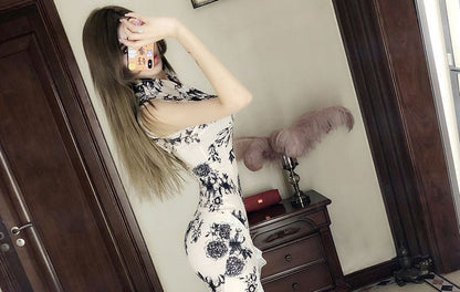Sleeveless Floral Print Midi Qipao