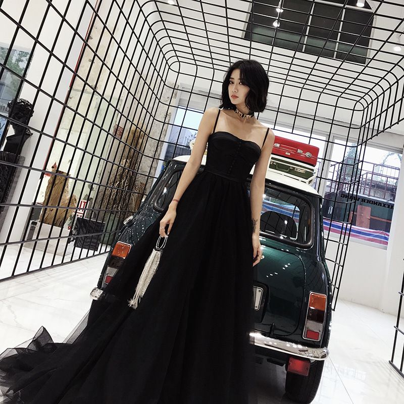 Spaghetti Strap Button-Up A-Line Mesh Evening Gown