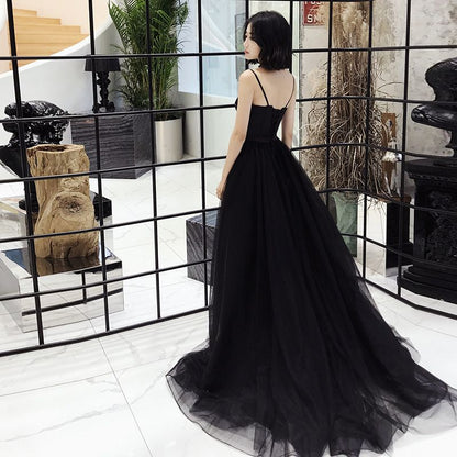 Spaghetti Strap Button-Up A-Line Mesh Evening Gown