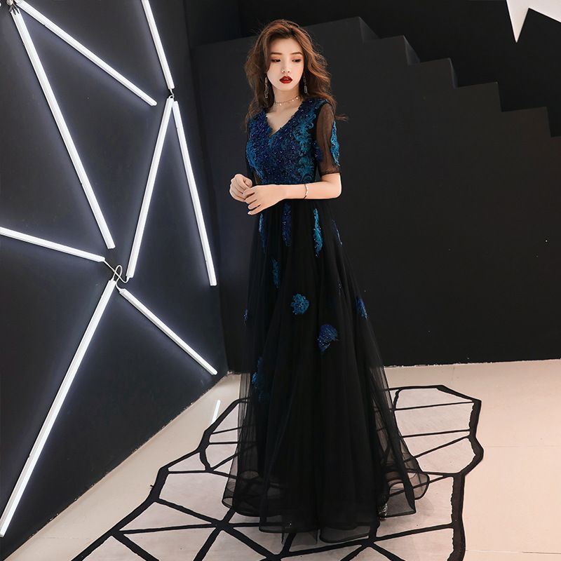 Mesh-Sleeve Floral Embroidered A-Line Mesh Evening Gown