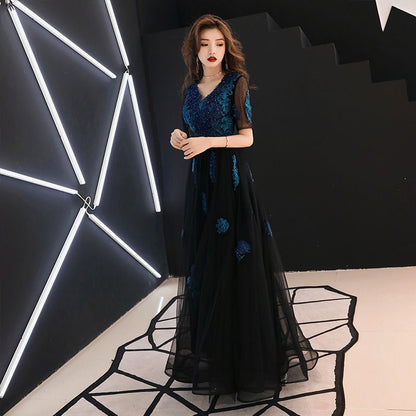 Mesh-Sleeve Floral Embroidered A-Line Mesh Evening Gown